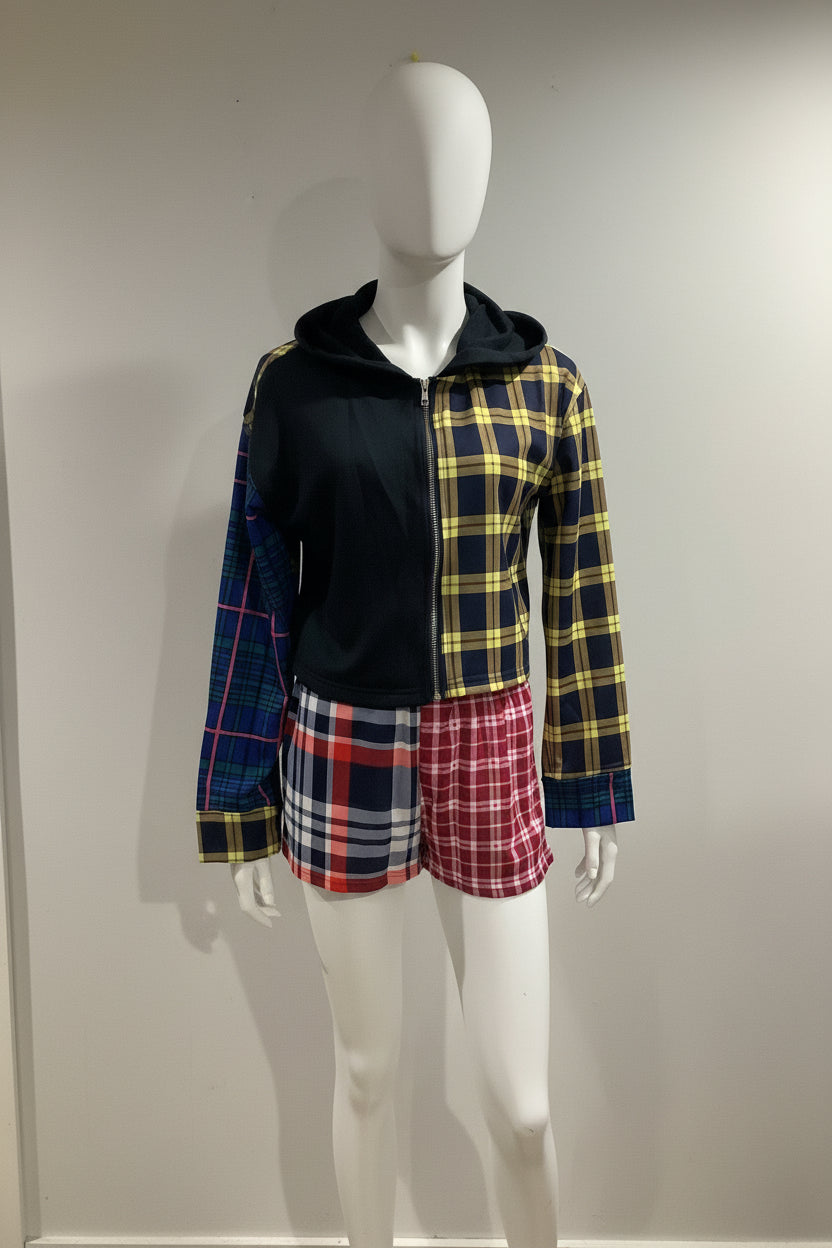 Box Em Plaid Two-Piece Short Set – Crop Hoodie & High-Waisted Shorts