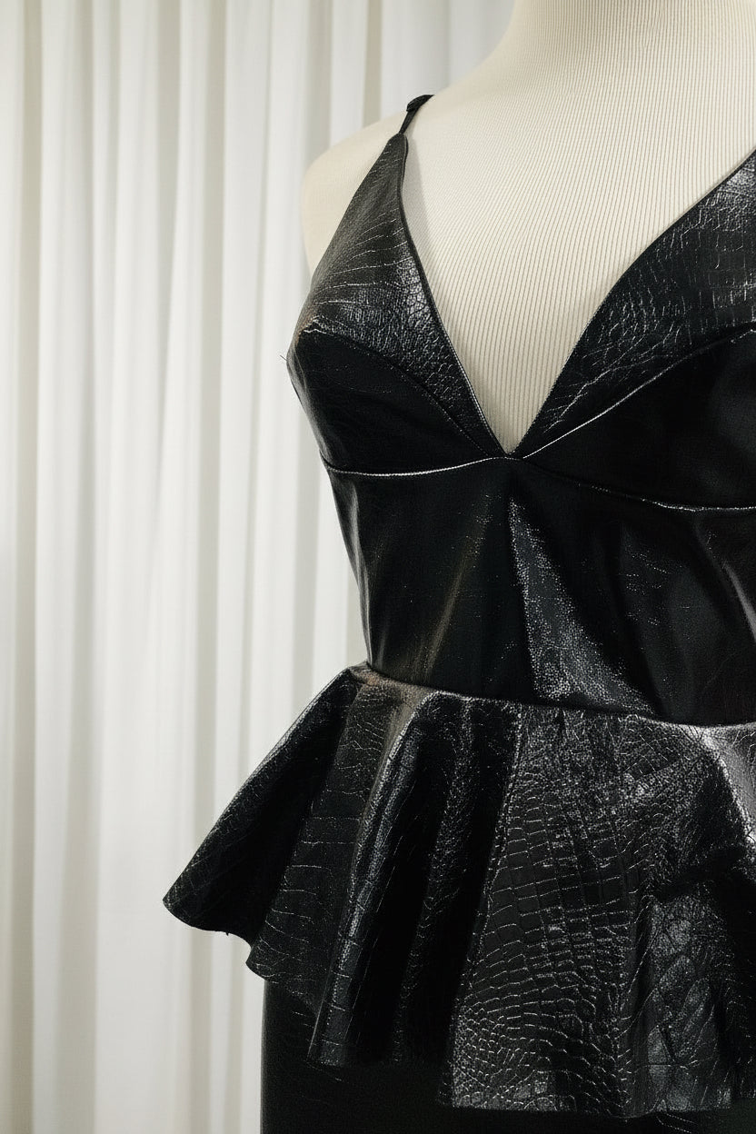 Black Ruffled Faux Leather Fit & Flare Mini Dress