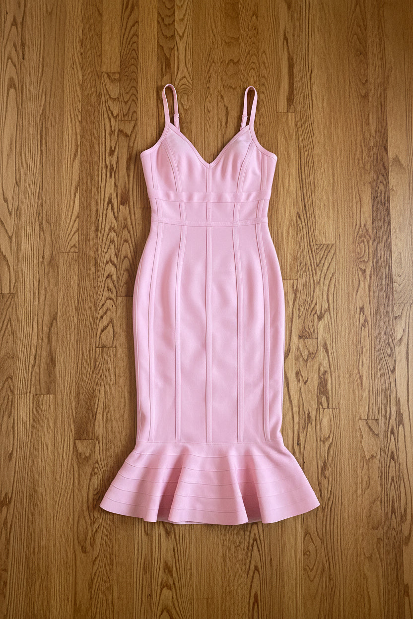 Pink Ribbed Mermaid Midi Dress | Spaghetti Strap Bodycon Evening Gown – Pre-Owned