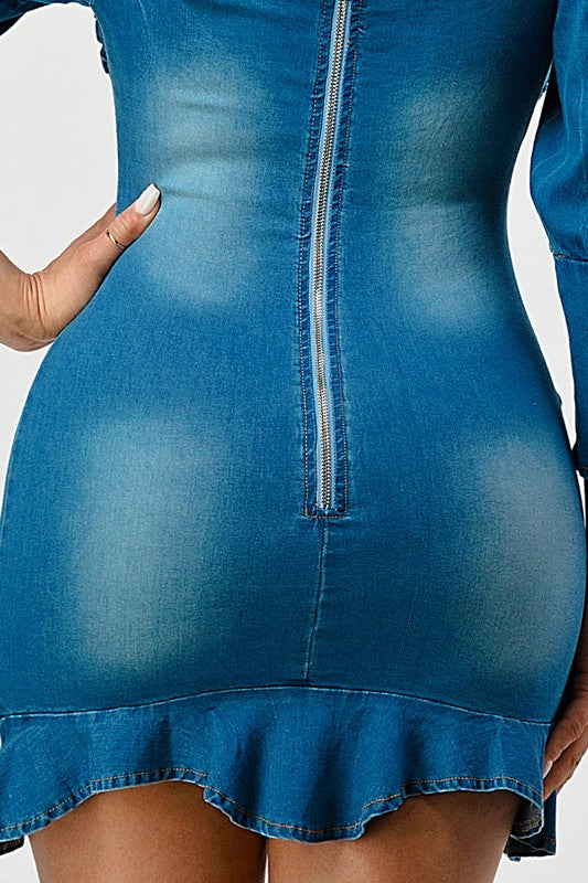 Casual Denim Ruffle Mini Dress