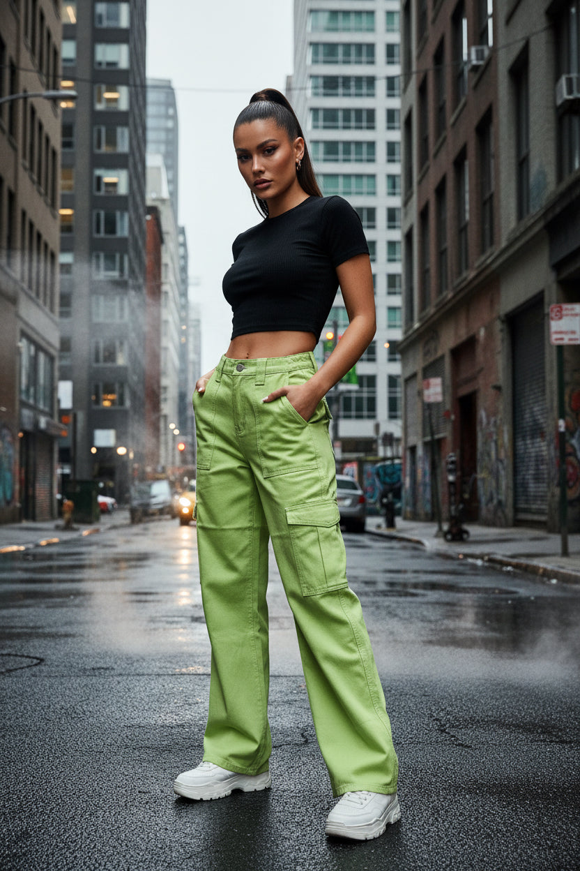 Wide Leg Cargo Carpenter Jeans in Green | High-Rise Denim