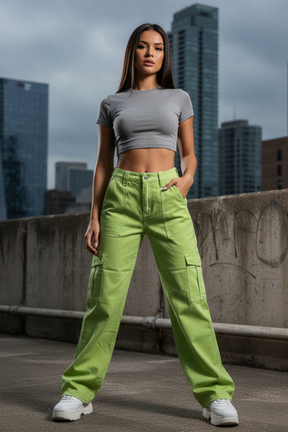 Wide Leg Cargo Carpenter Jeans in Green | High-Rise Denim