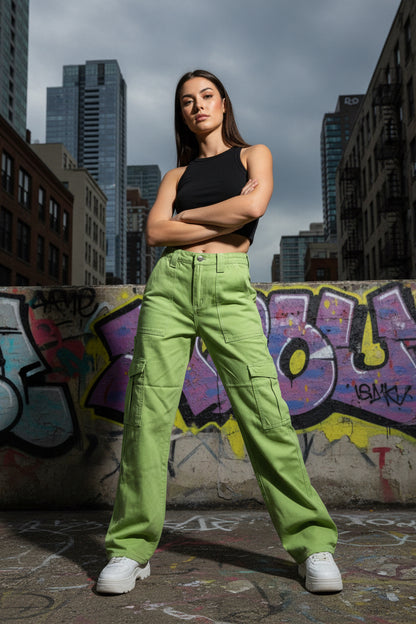 Wide Leg Cargo Carpenter Jeans in Green | High-Rise Denim