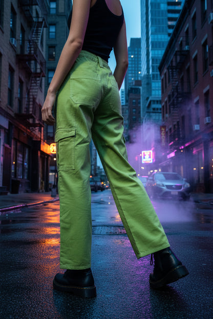 Wide Leg Cargo Carpenter Jeans in Green | High-Rise Denim