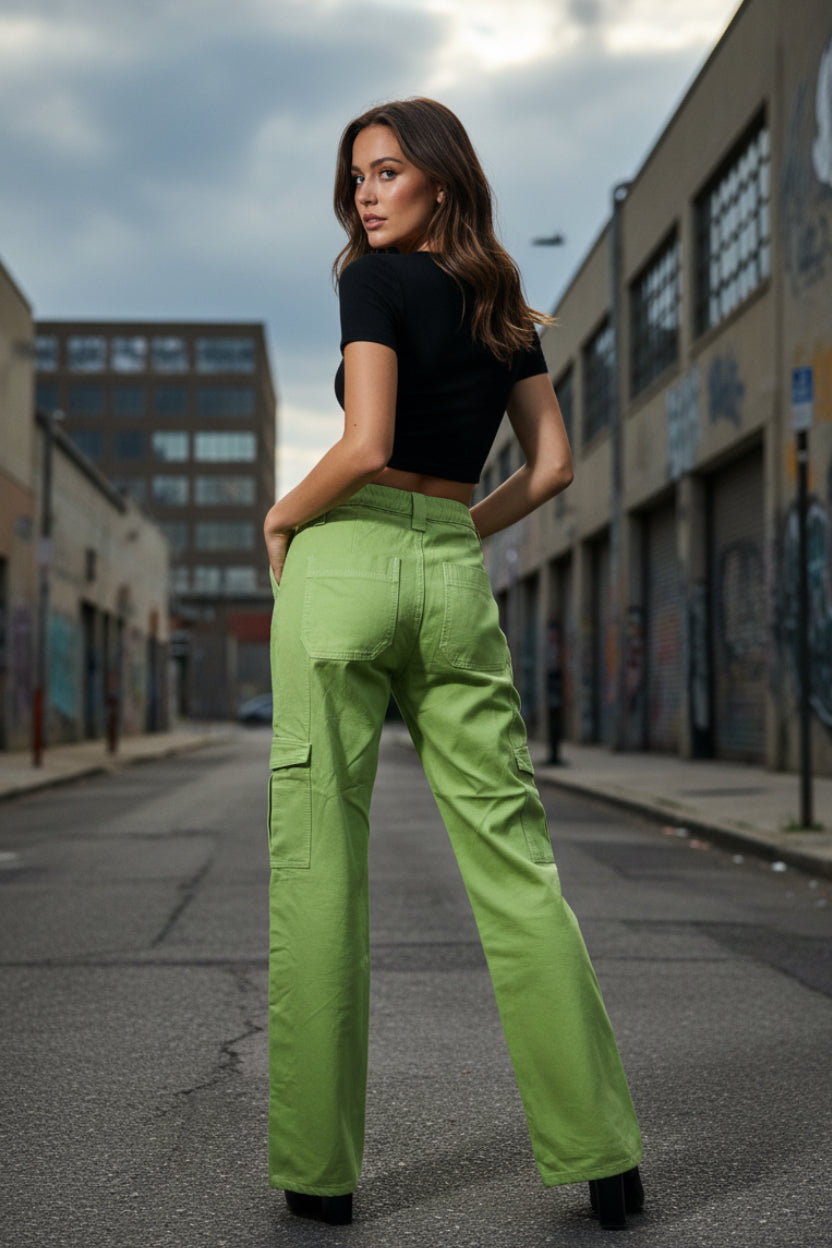 Wide Leg Cargo Carpenter Jeans in Green | High-Rise Denim