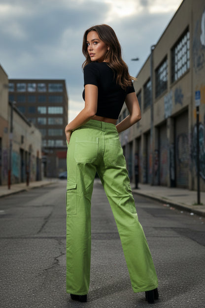 Wide Leg Cargo Carpenter Jeans in Green | High-Rise Denim