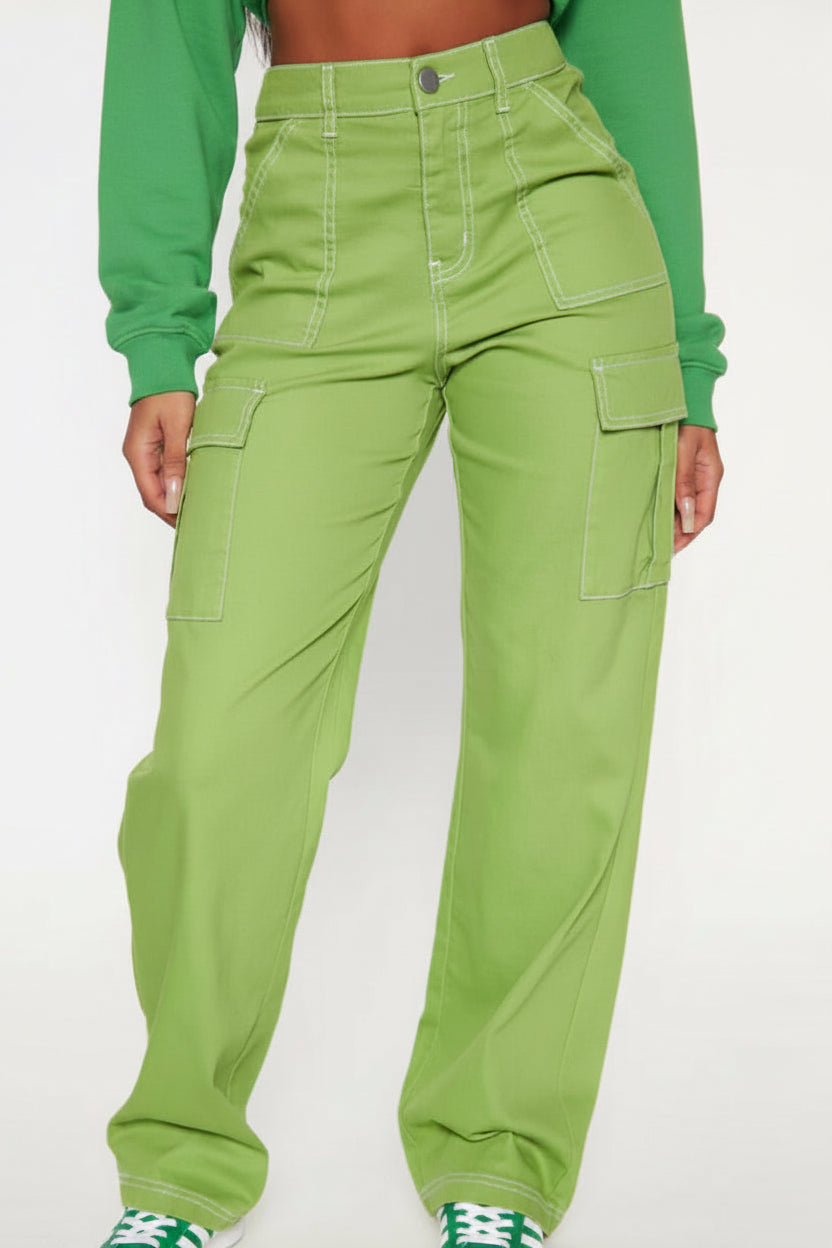 Wide Leg Cargo Carpenter Jeans in Green | High-Rise Denim
