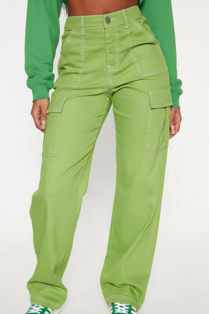 Wide Leg Cargo Carpenter Jeans in Green | High-Rise Denim