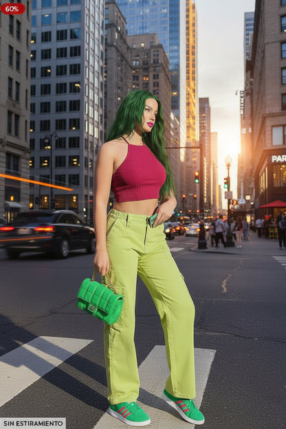 Wide Leg Cargo Carpenter Jeans in Green | High-Rise Denim