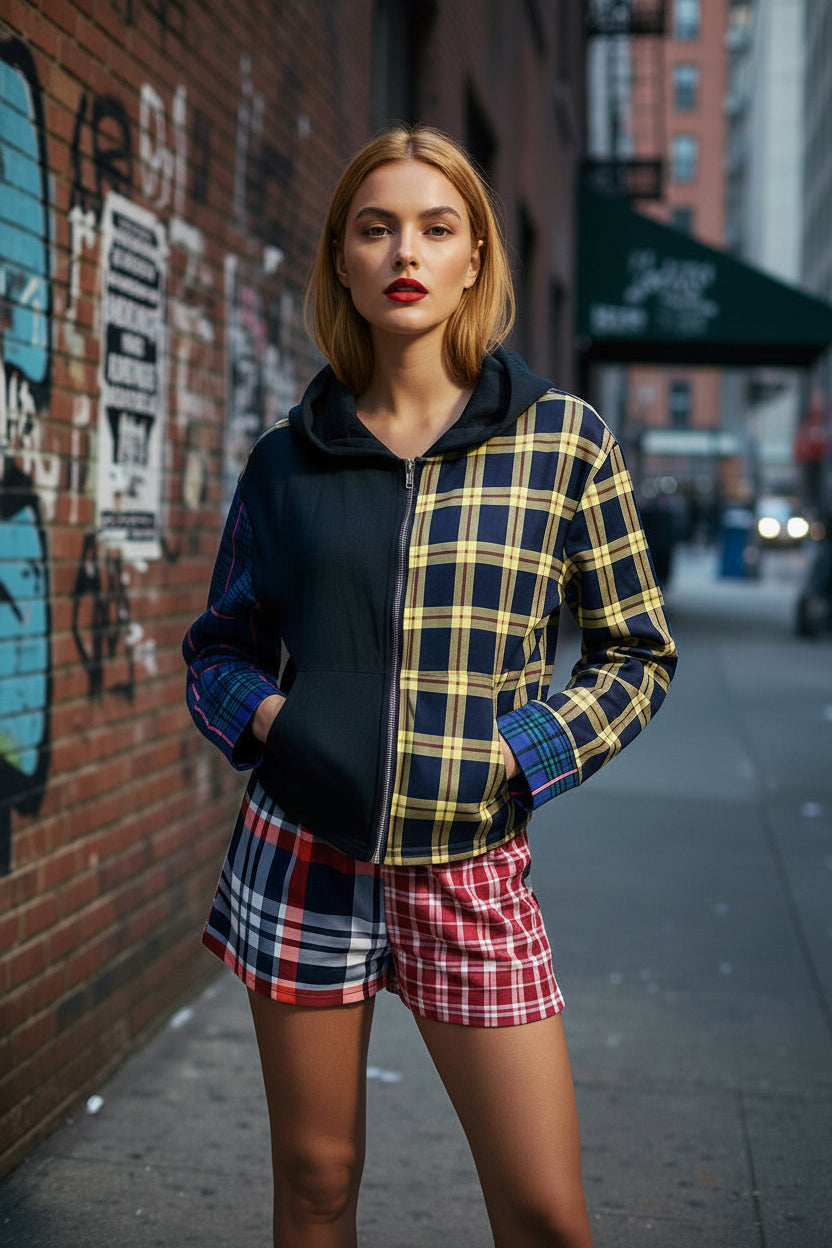 Box Em Plaid Two-Piece Short Set – Crop Hoodie & High-Waisted Shorts