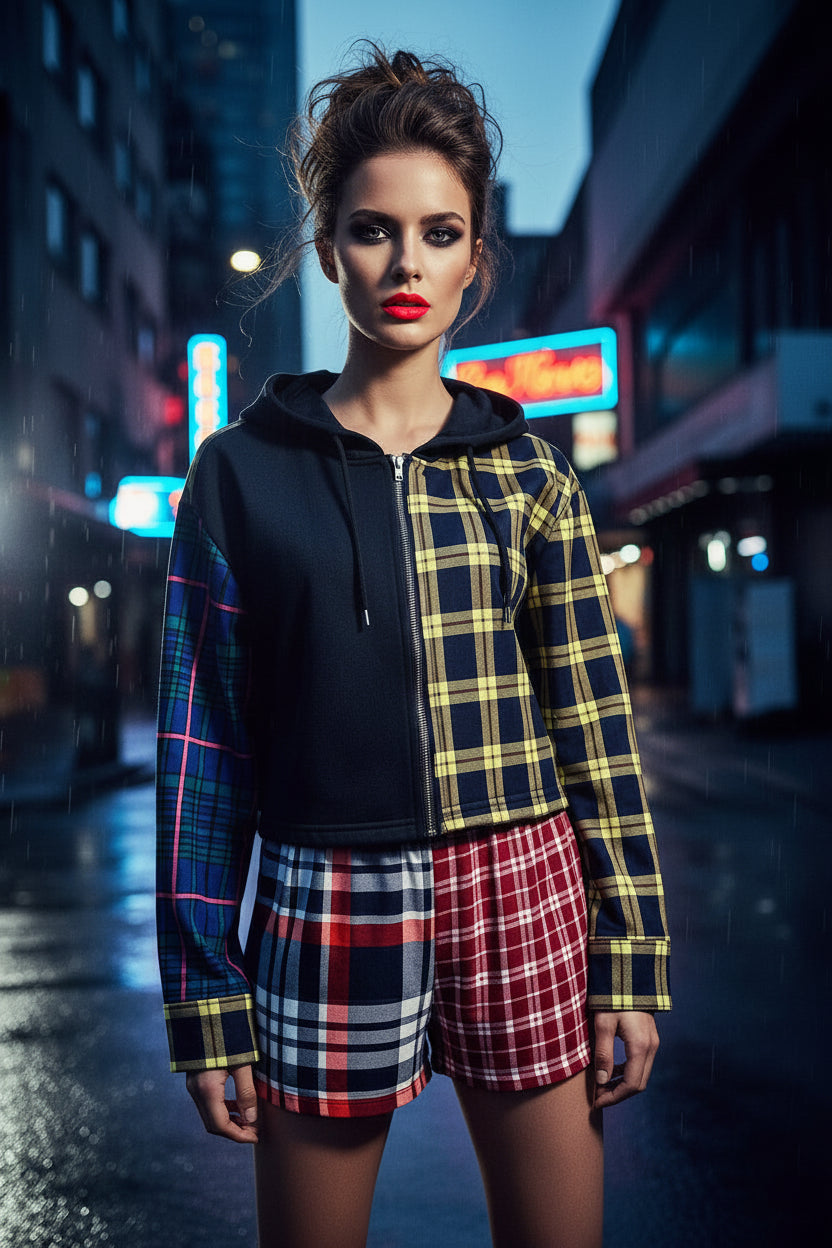 Box Em Plaid Two-Piece Short Set – Crop Hoodie & High-Waisted Shorts