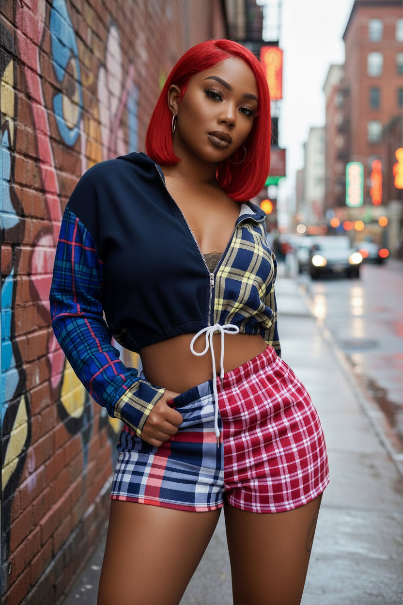 Box Em Plaid Two-Piece Short Set – Crop Hoodie & High-Waisted Shorts