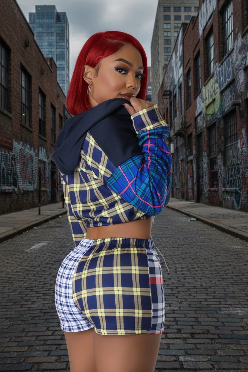 Box Em Plaid Two-Piece Short Set – Crop Hoodie & High-Waisted Shorts