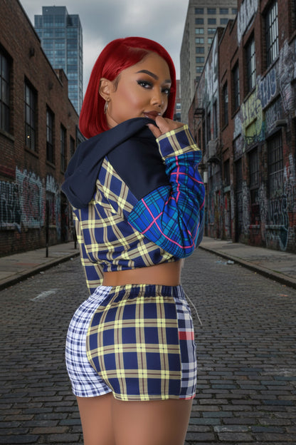 Box Em Plaid Two-Piece Short Set – Crop Hoodie & High-Waisted Shorts