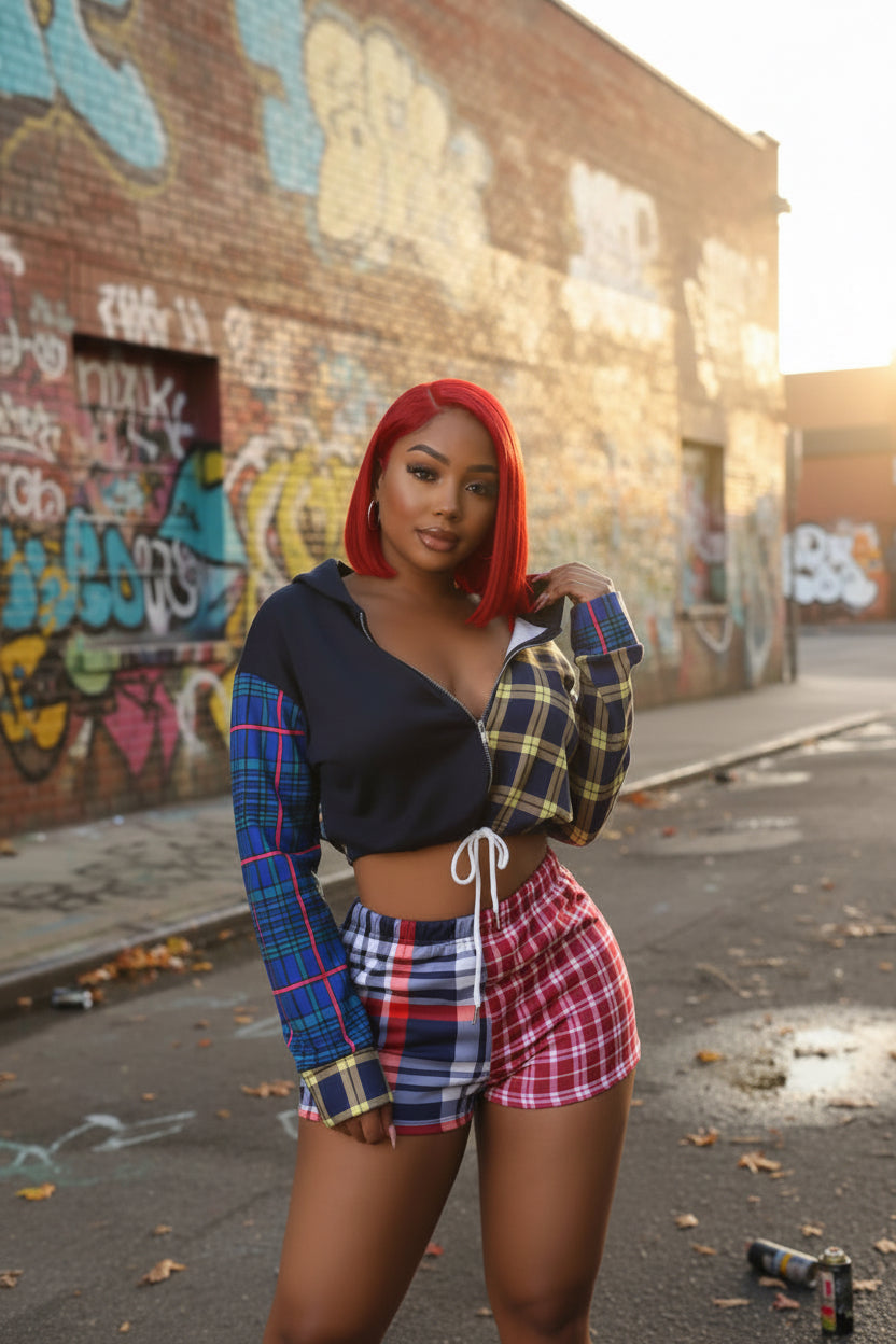 Box Em Plaid Two-Piece Short Set – Crop Hoodie & High-Waisted Shorts