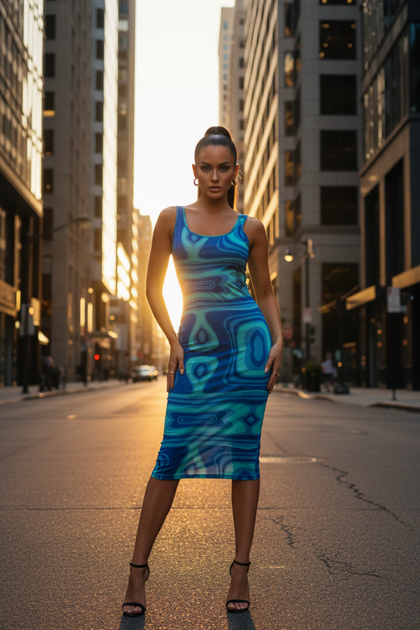 Women's Swirl Print Bodycon Midi Dress – Square Neck Tank Strap Dress