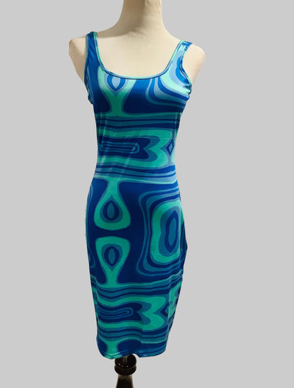 Women's Swirl Print Bodycon Midi Dress – Square Neck Tank Strap Dress