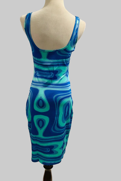 Women's Swirl Print Bodycon Midi Dress – Square Neck Tank Strap Dress