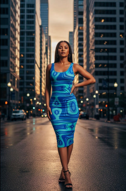 Women's Swirl Print Bodycon Midi Dress – Square Neck Tank Strap Dress