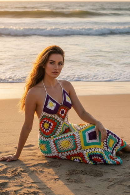 Crochet Knit Maxi Dress | Bohemian Sleeveless Sundress
