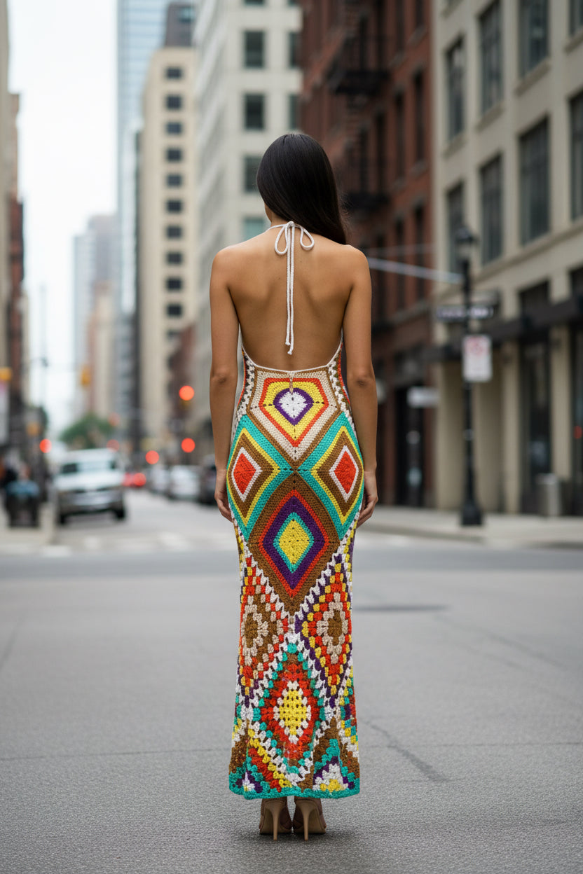 Crochet Knit Maxi Dress | Bohemian Sleeveless Sundress