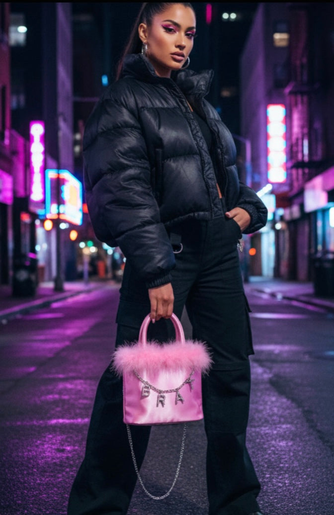 Naughty Queen Marabou Handbag – Satin Clutch with Rhinestone Charms