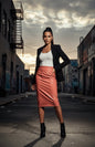 Nude Vinyl Pencil Skirt – High Waist Midi Skirt with Back Zipper