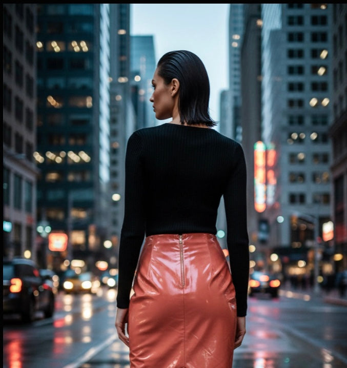 Nude Vinyl Pencil Skirt – High Waist Midi Skirt with Back Zipper