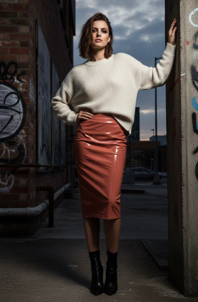 Nude Vinyl Pencil Skirt – High Waist Midi Skirt with Back Zipper