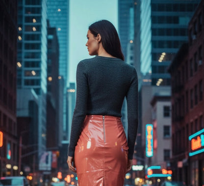 Nude Vinyl Pencil Skirt – High Waist Midi Skirt with Back Zipper
