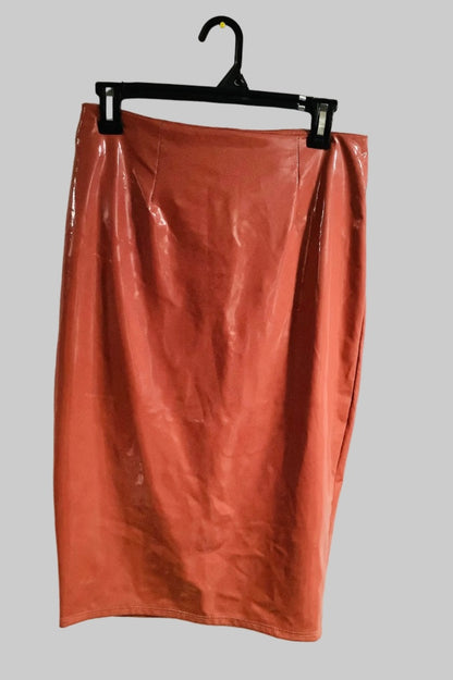 Nude Vinyl Pencil Skirt – High Waist Midi Skirt with Back Zipper