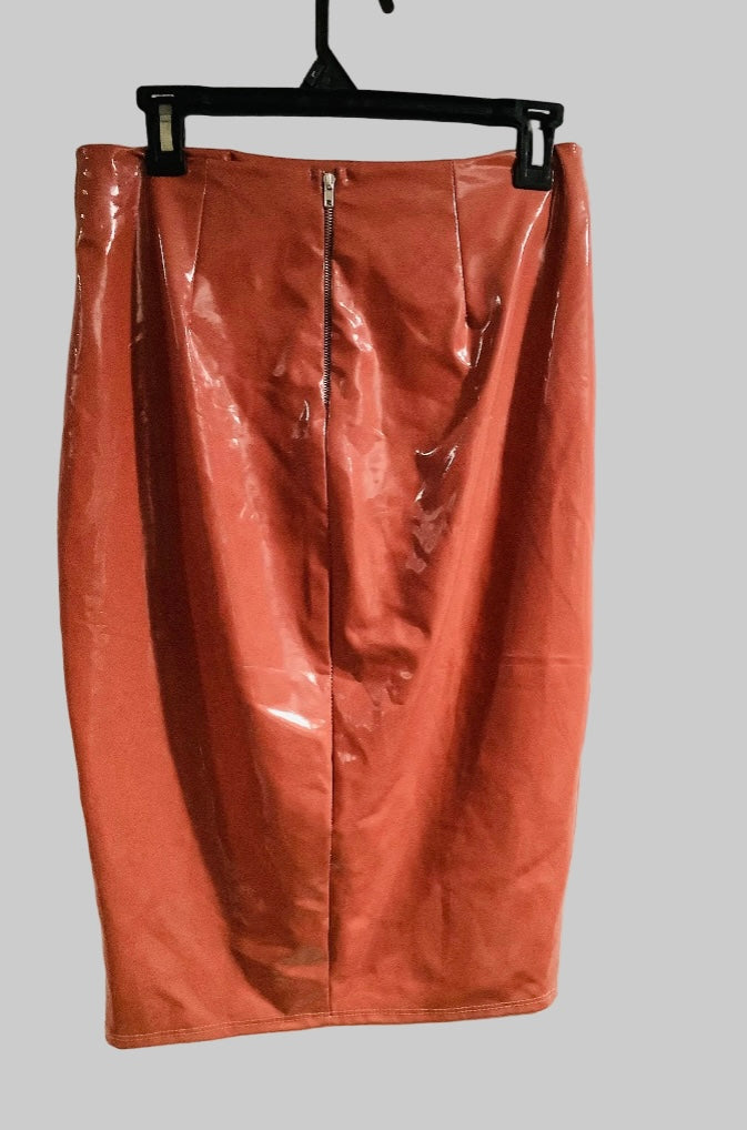 Nude Vinyl Pencil Skirt – High Waist Midi Skirt with Back Zipper