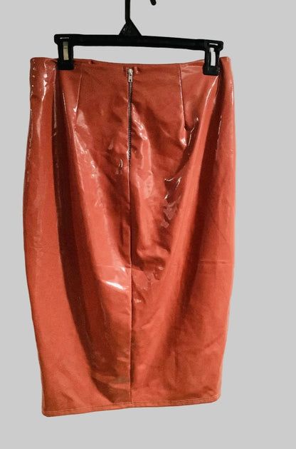 Nude Vinyl Pencil Skirt – High Waist Midi Skirt with Back Zipper