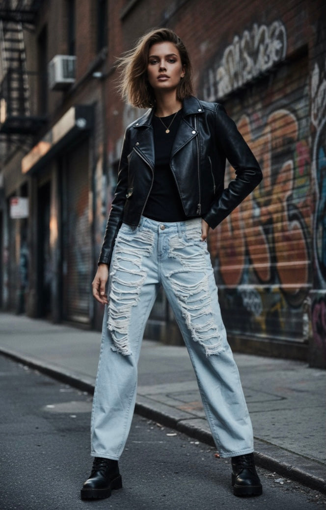 No Excuse Ripped Baggy Wide Leg Jeans — Light Wash Distressed Denim