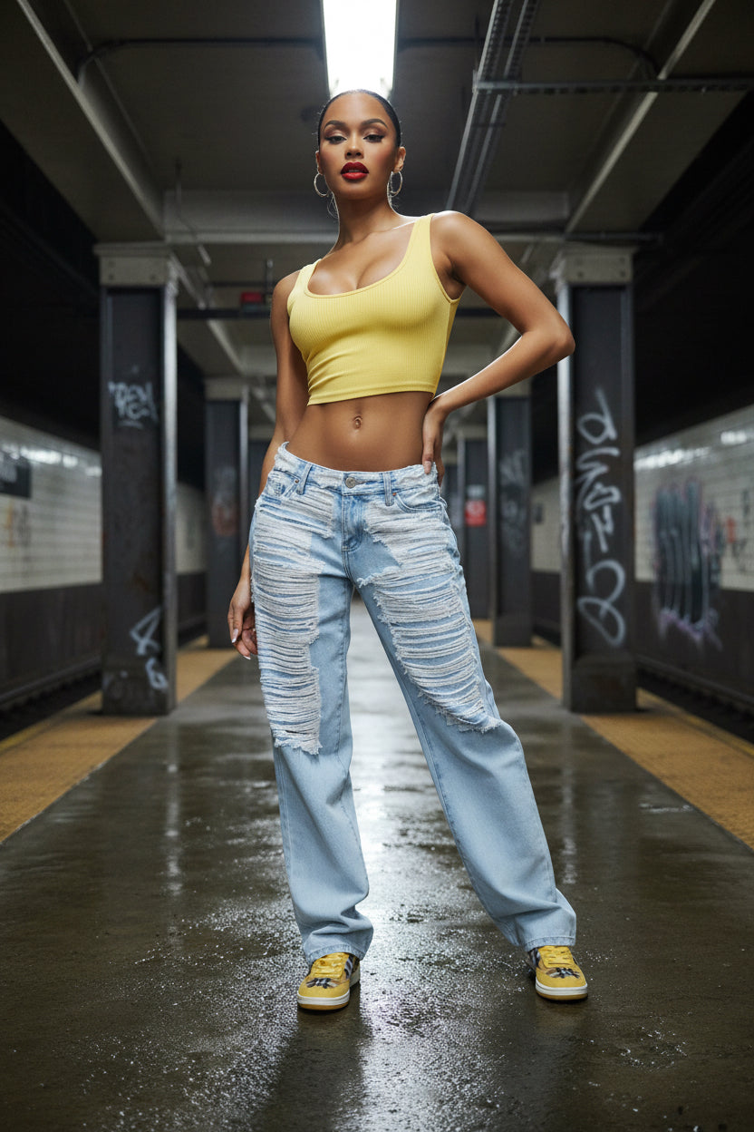 No Excuse Ripped Baggy Wide Leg Jeans — Light Wash Distressed Denim