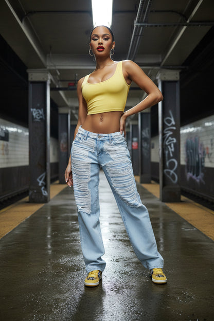 No Excuse Ripped Baggy Wide Leg Jeans — Light Wash Distressed Denim