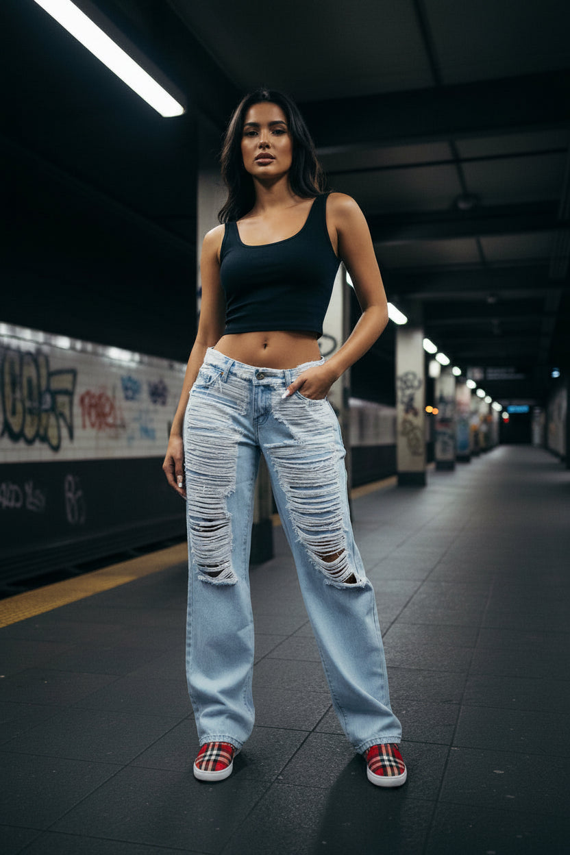 No Excuse Ripped Baggy Wide Leg Jeans — Light Wash Distressed Denim