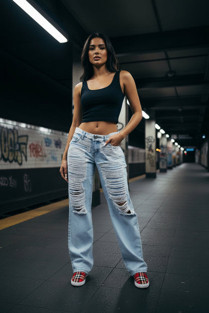 No Excuse Ripped Baggy Wide Leg Jeans — Light Wash Distressed Denim