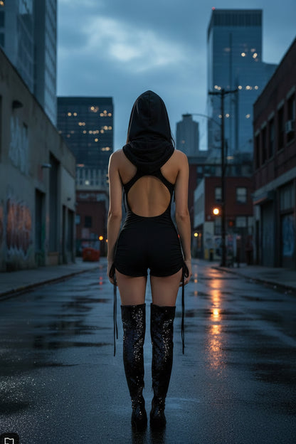 Darker Wavs Lace-Up Hooded Romper by Dolls Kill — Pre-Owned