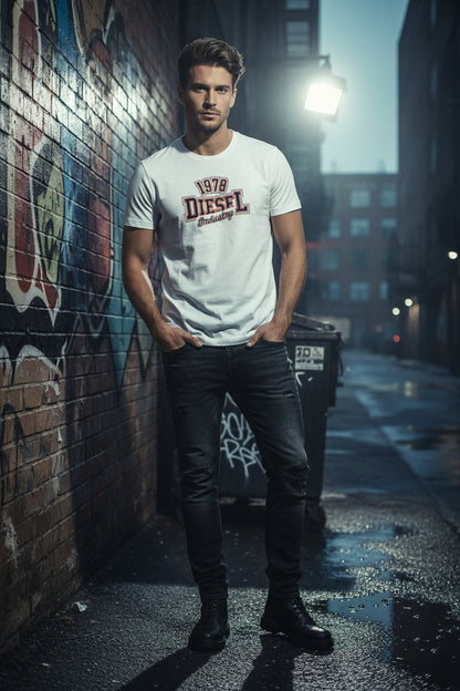 Diesel Men's 1978 Industry Graphic T-Shirt – White Slim Fit Crew Neck Tee