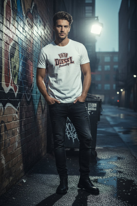 Diesel Men's 1978 Industry Graphic T-Shirt – White Slim Fit Crew Neck Tee