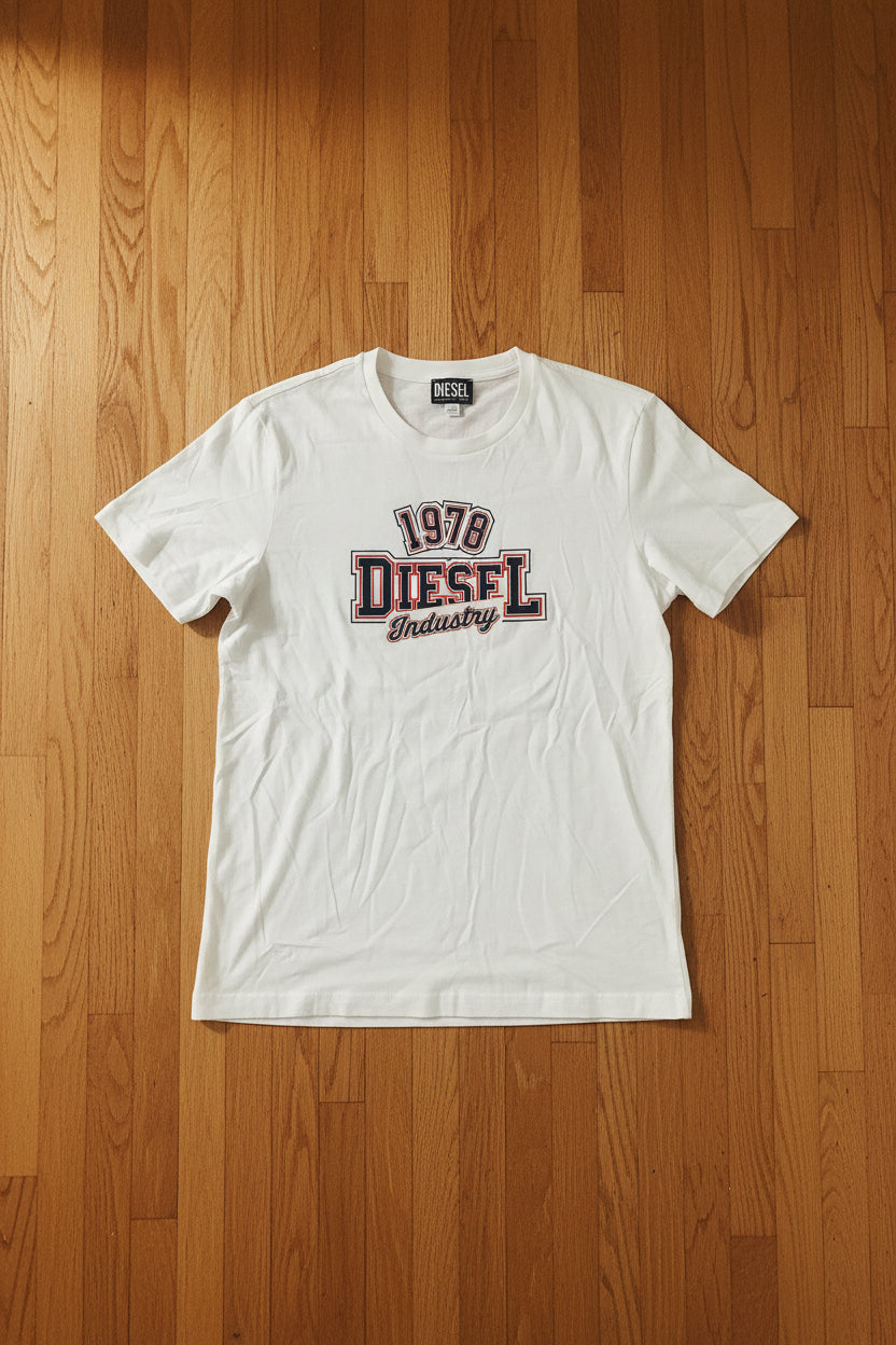 Diesel Men's 1978 Industry Graphic T-Shirt – White Slim Fit Crew Neck Tee