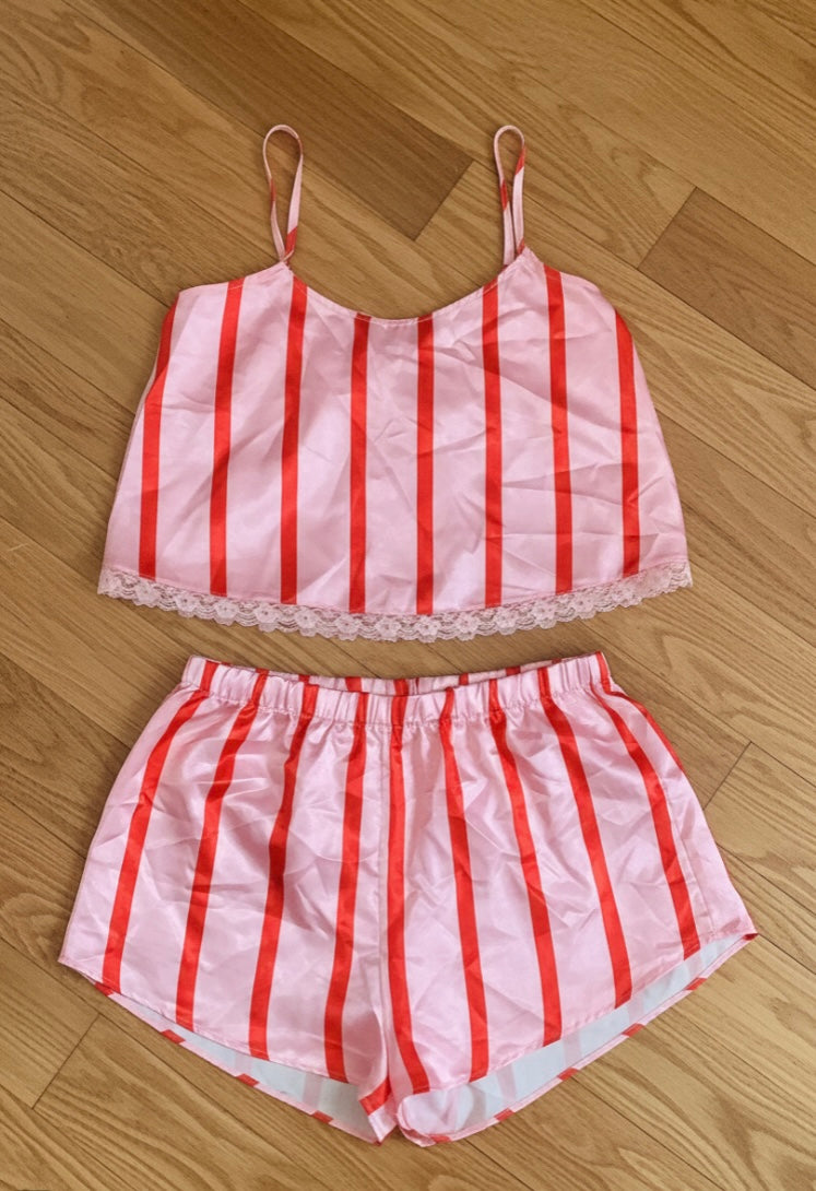 Satin Striped Cami & Pajama Short Set - boohoo