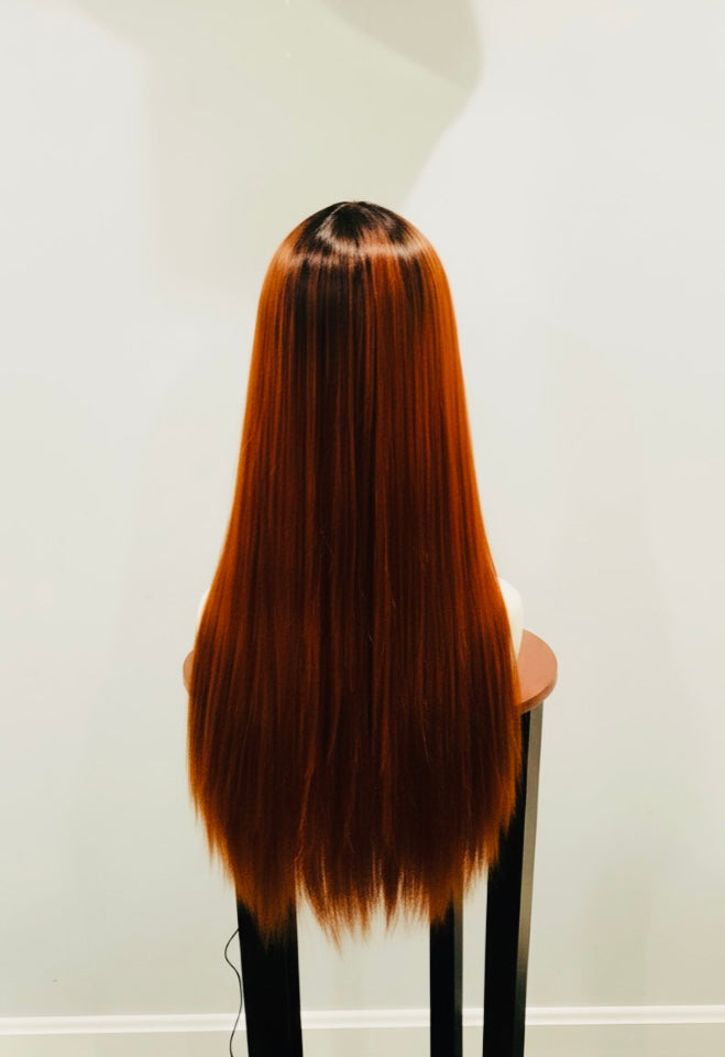 Orange Heat-Resistant Synthetic Wig with Full Bangs — Long Straight