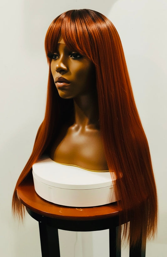 Orange Heat-Resistant Synthetic Wig with Full Bangs — Long Straight