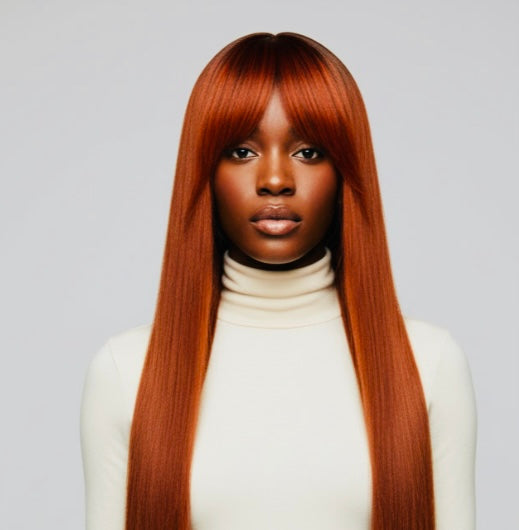 Orange Heat-Resistant Synthetic Wig with Full Bangs — Long Straight