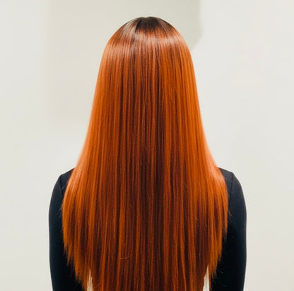 Orange Heat-Resistant Synthetic Wig with Full Bangs — Long Straight