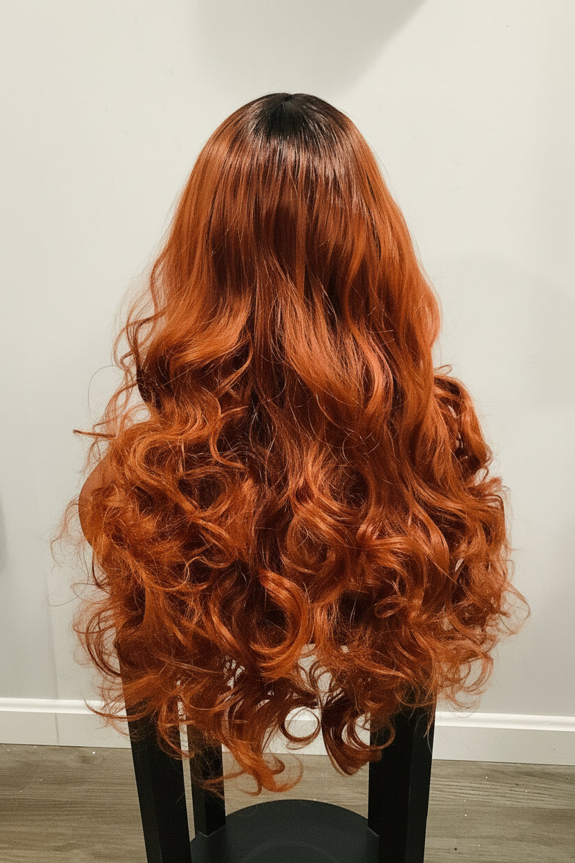 Orange Heat-Resistant Synthetic Wig with Full Bangs — Long Straight