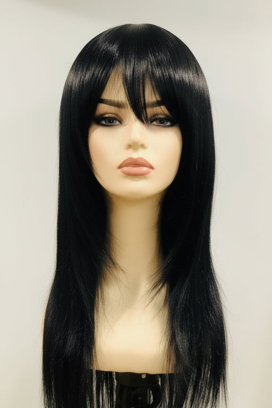 Long Straight Layered Wig with Bangs – 25 Inch | Synthetic Wig