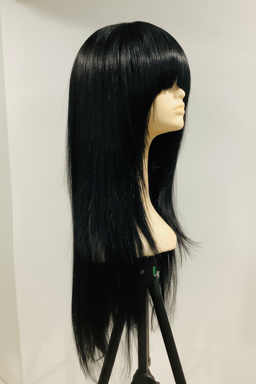 Long Straight Layered Wig with Bangs – 26 Inch | Synthetic Wig